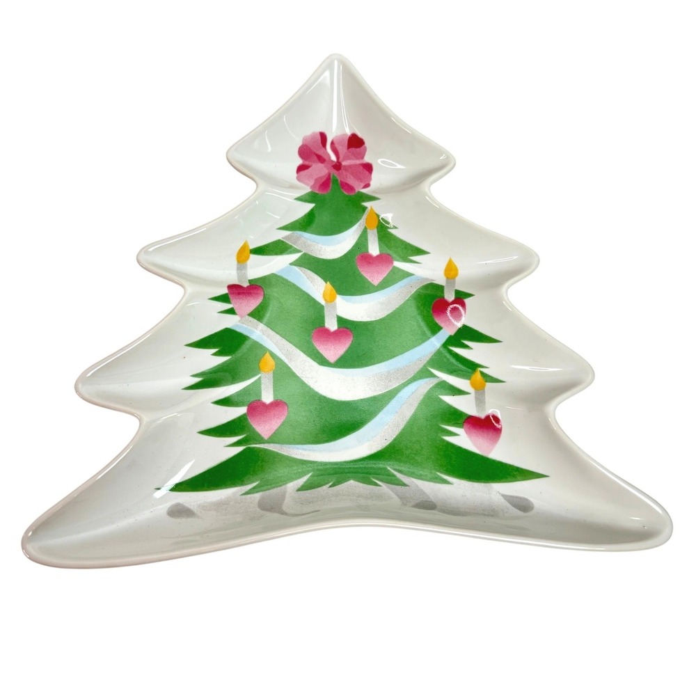 Sango Home for Christmas Tree Shaped Dish 4829 Pink Hearts Ceramic Serving Tray